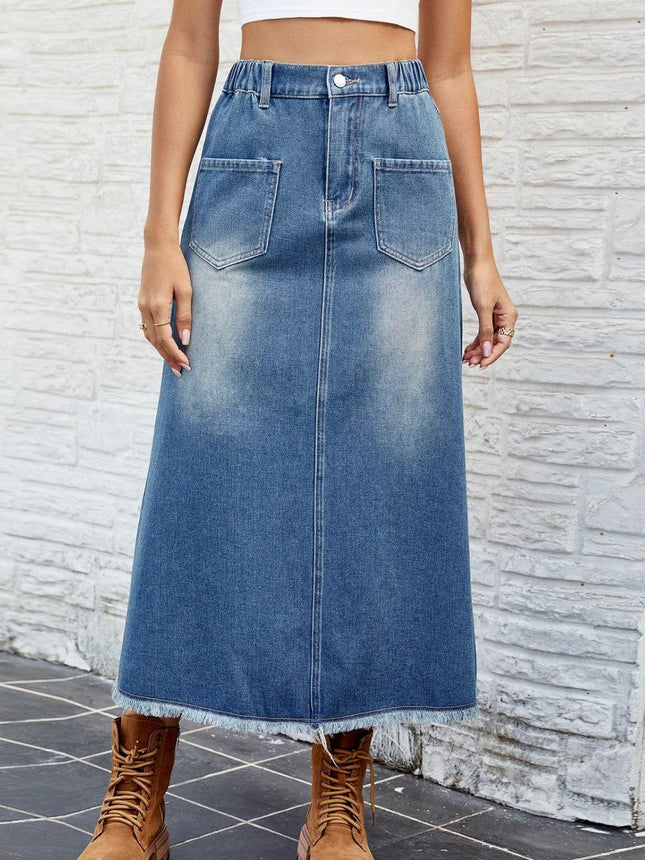 Raw Hem Buttoned Denim Skirt with Pockets - MimiStylez