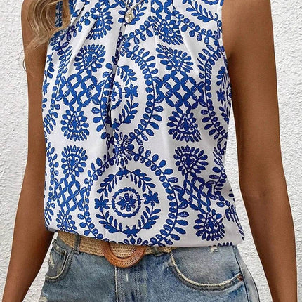 Printed Crew Neck Sleeveless Top - MimiStylez