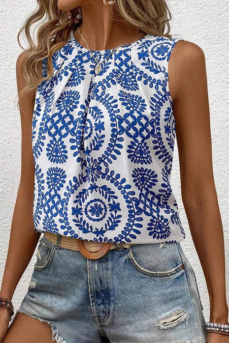 Printed Crew Neck Sleeveless Top - MimiStylez