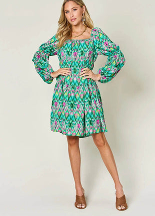 Double Take Full Size Printed Long Sleeve Dress - MimiStylez
