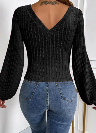 V-Neck Long Sleeve Knit Top - MimiStylez