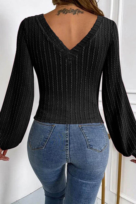 V-Neck Long Sleeve Knit Top - MimiStylez
