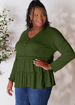 Double Take Half Button Long Sleeve Ruffle Hem Blouse - MimiStylez