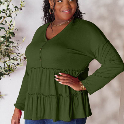 Double Take Half Button Long Sleeve Ruffle Hem Blouse - MimiStylez