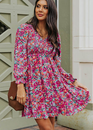 Floral Smocked V-Neck Flounce Sleeve Dress - MimiStylez