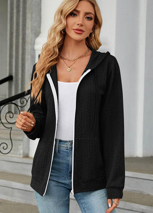 Drawstring Zip Up Long Sleeve Hoodie - MimiStylez