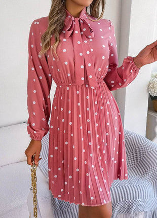 Polka Dot Tie Neck Pleated Dress - MimiStylez