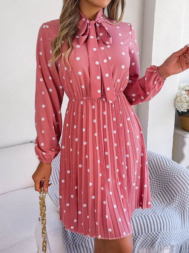 Polka Dot Tie Neck Pleated Dress - MimiStylez