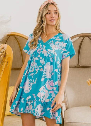 BiBi Floral Crinkle Shirred Ruffle Detail V Neck Dress - MimiStylez