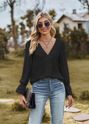 V-Neck Flounce Sleeve Blouse - MimiStylez