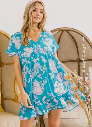 BiBi Floral Crinkle Shirred Ruffle Detail V Neck Dress - MimiStylez