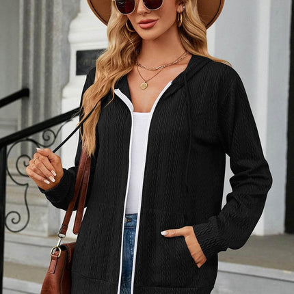 Drawstring Zip Up Long Sleeve Hoodie - MimiStylez