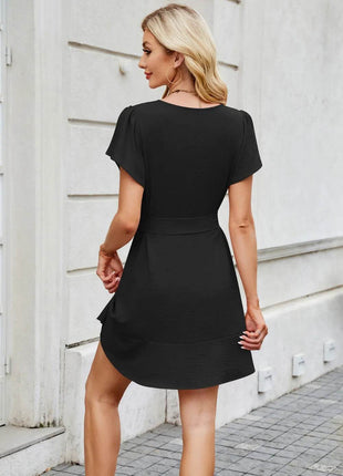 Tied Button Up Short Sleeve Mini Shirt Dress - MimiStylez