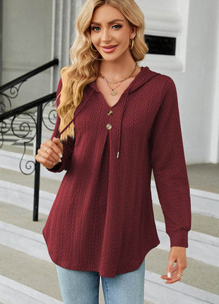 Decorative Button Drawstring Long Sleeve Hoodie - MimiStylez