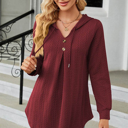 Decorative Button Drawstring Long Sleeve Hoodie - MimiStylez