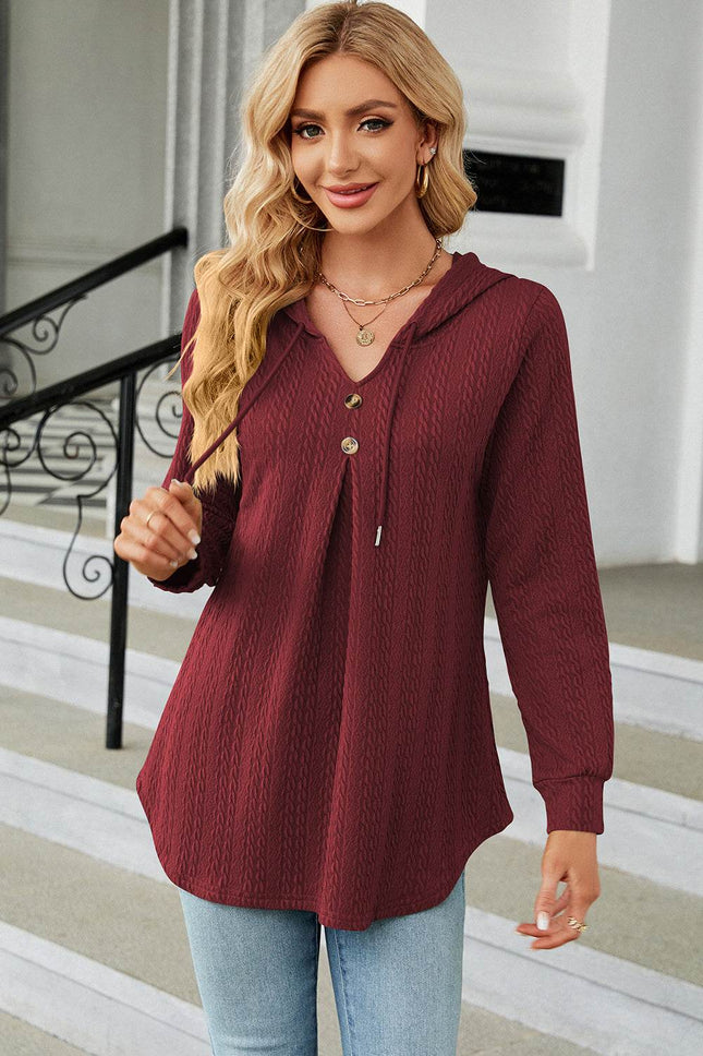 Decorative Button Drawstring Long Sleeve Hoodie - MimiStylez