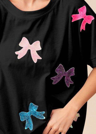 BiBi Sequin Bow Patch Short Sleeve T-Shirt - MimiStylez