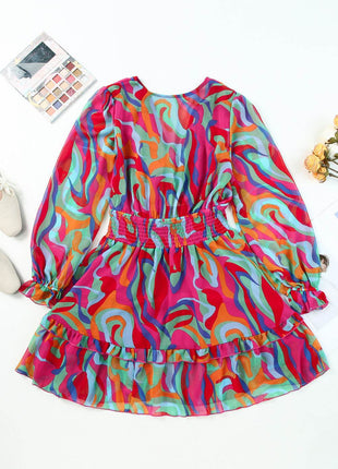 Printed Flounce Sleeve Mini Dress - MimiStylez