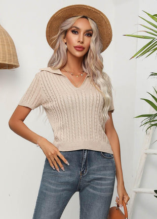 Cable-Knit Johnny Collar Short Sleeve Knit Top - MimiStylez