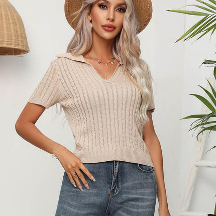 Cable-Knit Johnny Collar Short Sleeve Knit Top - MimiStylez