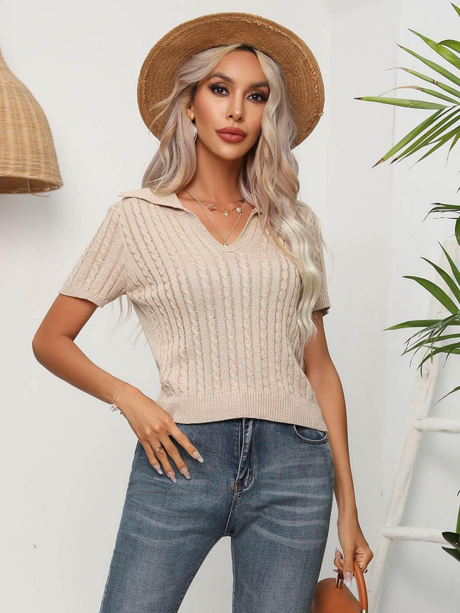 Cable-Knit Johnny Collar Short Sleeve Knit Top - MimiStylez