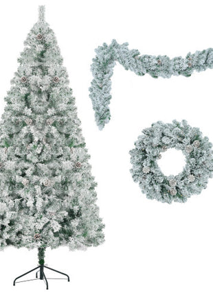 6FT Flocked Pre Lit Christmas Tree, With Garland & Wreath, Artificial Hinged Xmas Tree With Colorful LED Lights, 8 Lighting Modes, Pine Cones