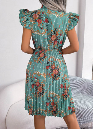 Pleated Floral Printed Tie Neck Knee Length Dress - MimiStylez