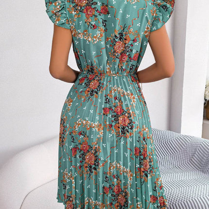 Pleated Floral Printed Tie Neck Knee Length Dress - MimiStylez