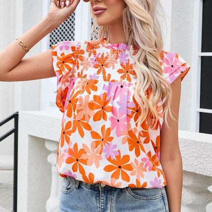 Printed Round Neck Cap Sleeve Blouse - MimiStylez