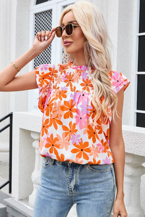 Printed Round Neck Cap Sleeve Blouse - MimiStylez
