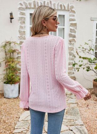 Eyelet Lace Trim Flounce Sleeve Blouse - MimiStylez
