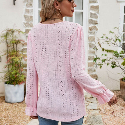 Eyelet Lace Trim Flounce Sleeve Blouse - MimiStylez