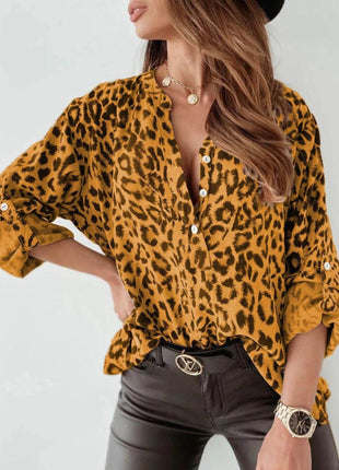 Full Size Leopard Print Roll-Tab Sleeves Blouse Plus Size - MimiStylez