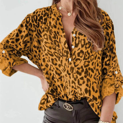 Full Size Leopard Print Roll-Tab Sleeves Blouse Plus Size - MimiStylez