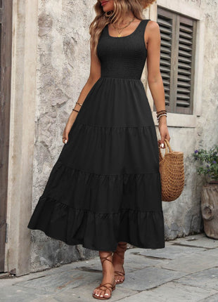 Smocked Scoop Neck Sleeveless Tank Dress - MimiStylez