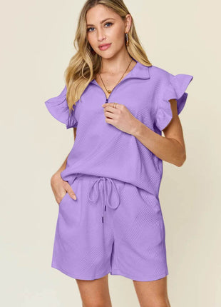 Double Take Full Size Texture Flounce Sleeve Top and Drawstring Shorts Set - MimiStylez