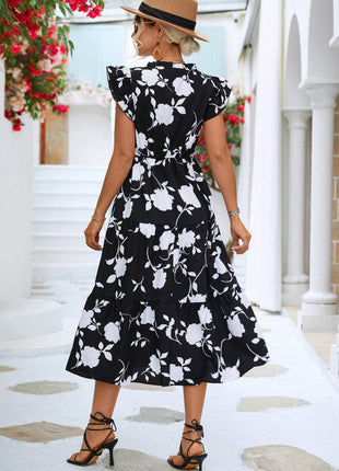 Floral Frill Trim V-Neck Tiered Midi Dress - MimiStylez
