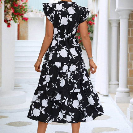 Floral Frill Trim V-Neck Tiered Midi Dress - MimiStylez