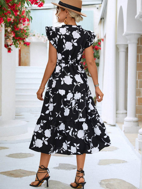 Floral Frill Trim V-Neck Tiered Midi Dress - MimiStylez