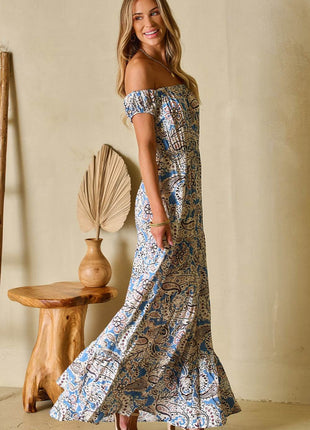 Printed Off-Shouder Short Sleeve Dress - MimiStylez