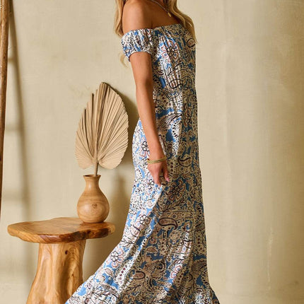 Printed Off-Shouder Short Sleeve Dress - MimiStylez