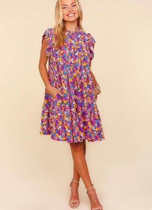 Haptics Frilled Mock Neck Ditsy Floral Dress - MimiStylez