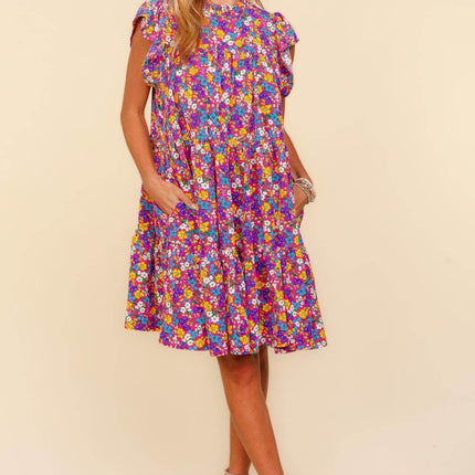Haptics Frilled Mock Neck Ditsy Floral Dress - MimiStylez