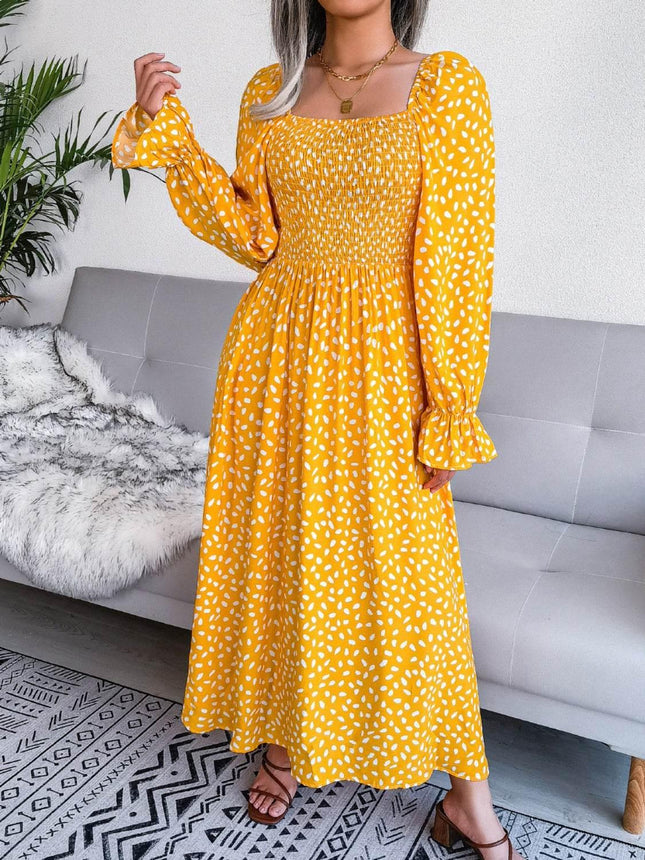 Smocked Square Neck Flounce Sleeve Dress - MimiStylez