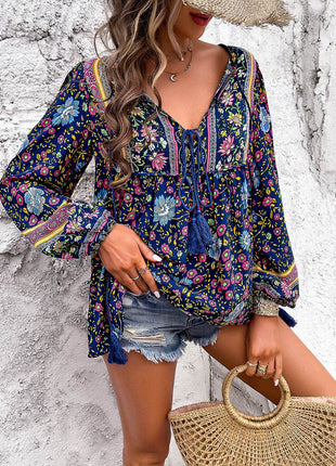 Printed Tie Neck Long Sleeve Blouse - MimiStylez