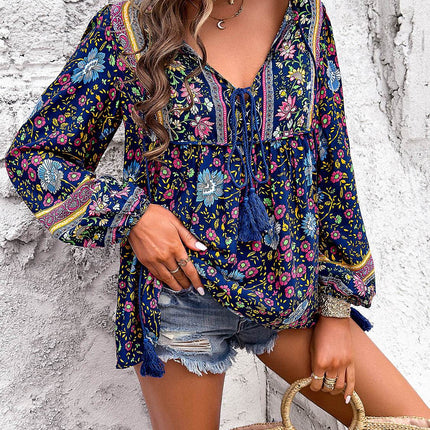 Printed Tie Neck Long Sleeve Blouse - MimiStylez