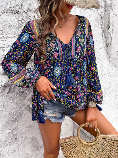 Printed Tie Neck Long Sleeve Blouse - MimiStylez
