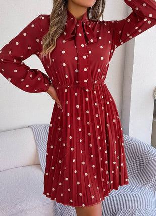 Polka Dot Tie Neck Pleated Dress - MimiStylez
