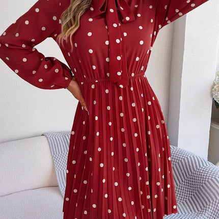 Polka Dot Tie Neck Pleated Dress - MimiStylez