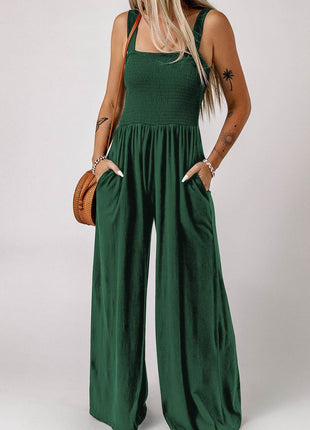Smocked Square Neck Wide Leg Jumpsuit with Pockets - MimiStylez